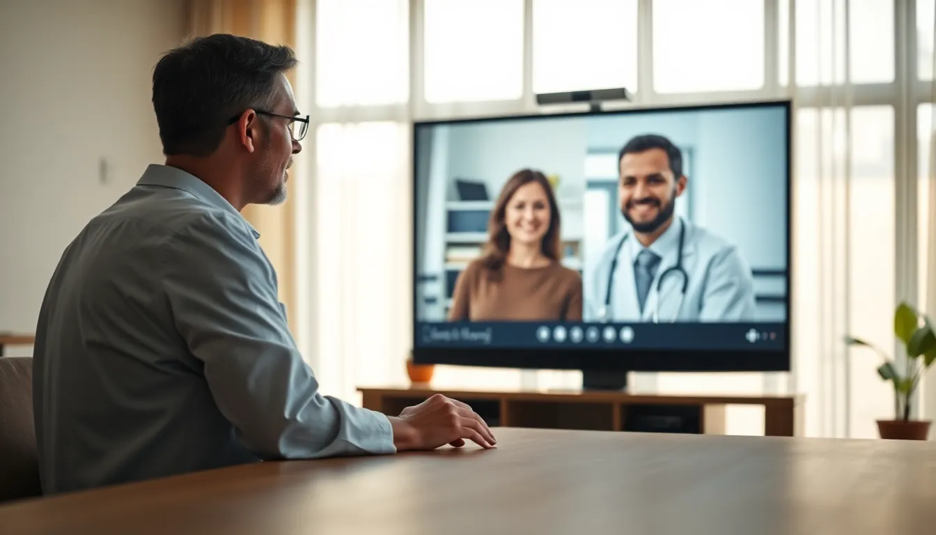 This image captures a healthcare professional engaging in a virtual consultation from a modern office. The doctor, focused and attentive, is illuminated by soft daylight, creating a tranquil ambiance. The warm wood desk in the foreground contrasts beautifully with the technology displayed, reinforcing the theme of telemedicine. The composition draws the viewer's eye, making it an ideal representation of the evolving healthcare landscape.