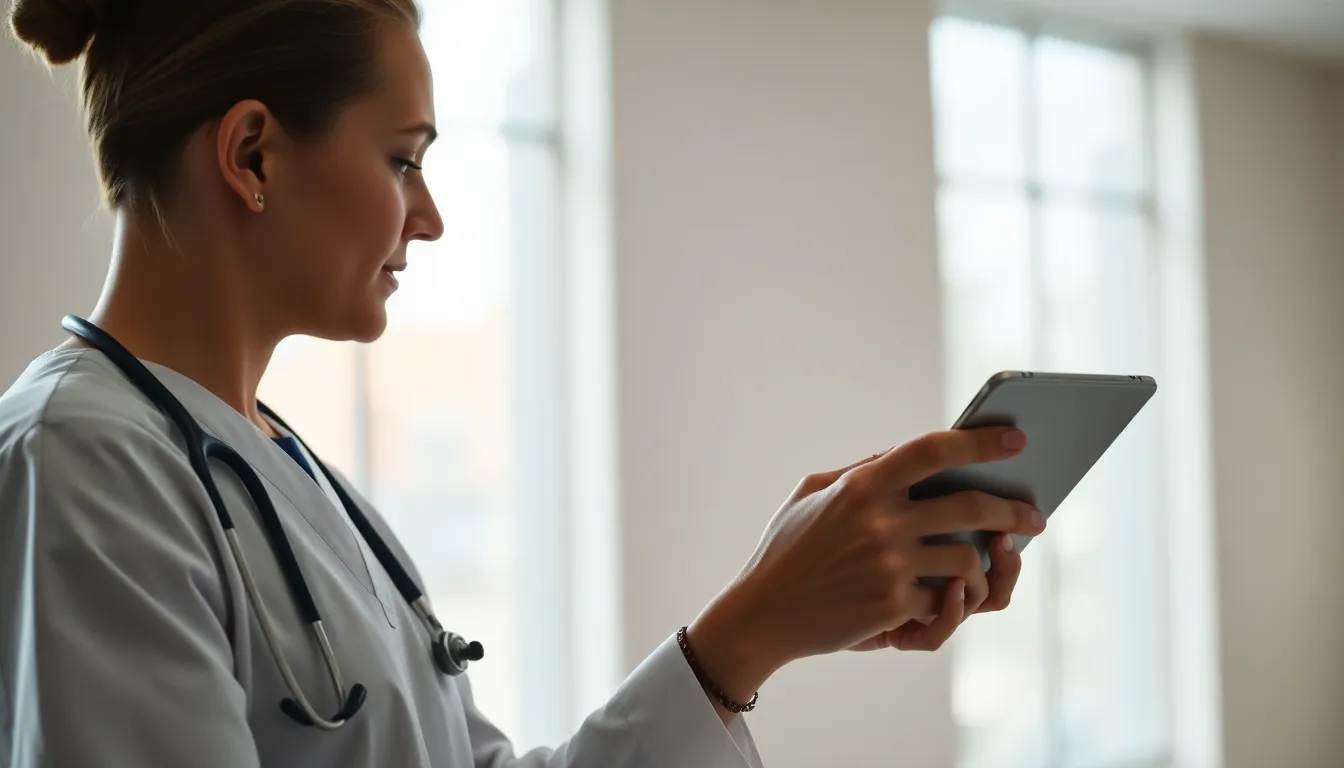 Telemedicine Consultation in a Modern Clinic A healthcare professional engages in a telemedicine consultation with a patient using a tablet in a modern clinic. Soft daylight filters through expansive windows, creating a warm, inviting atmosphere. The professional, dressed in scrubs, focuses intently on the screen, conveying dedication and care. This image captures the essence of modern healthcare through technology, emphasizing the connection between patient and doctor despite physical separation.