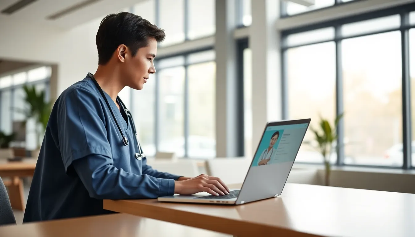 A healthcare professional in scrubs engages in a video consultation with a patient, set in a modern office filled with natural light. The soft, diffused daylight creates a calming atmosphere, while the smooth textures of the desk and laptop highlight the technological aspect of telemedicine. The composition draws attention to the interaction, capturing the essence of remote healthcare delivery in a contemporary setting.