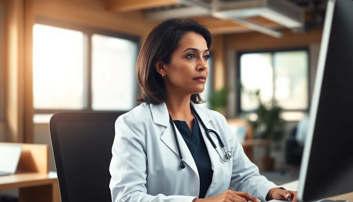 This image features a middle-aged Hispanic female doctor consulting with a patient through telemedicine in a modern office setting. Soft daylight filters through large windows, highlighting her attentive expression as she engages with the screen. The warm color palette and natural textures create an inviting atmosphere, while the focused composition emphasizes her role in healthcare.