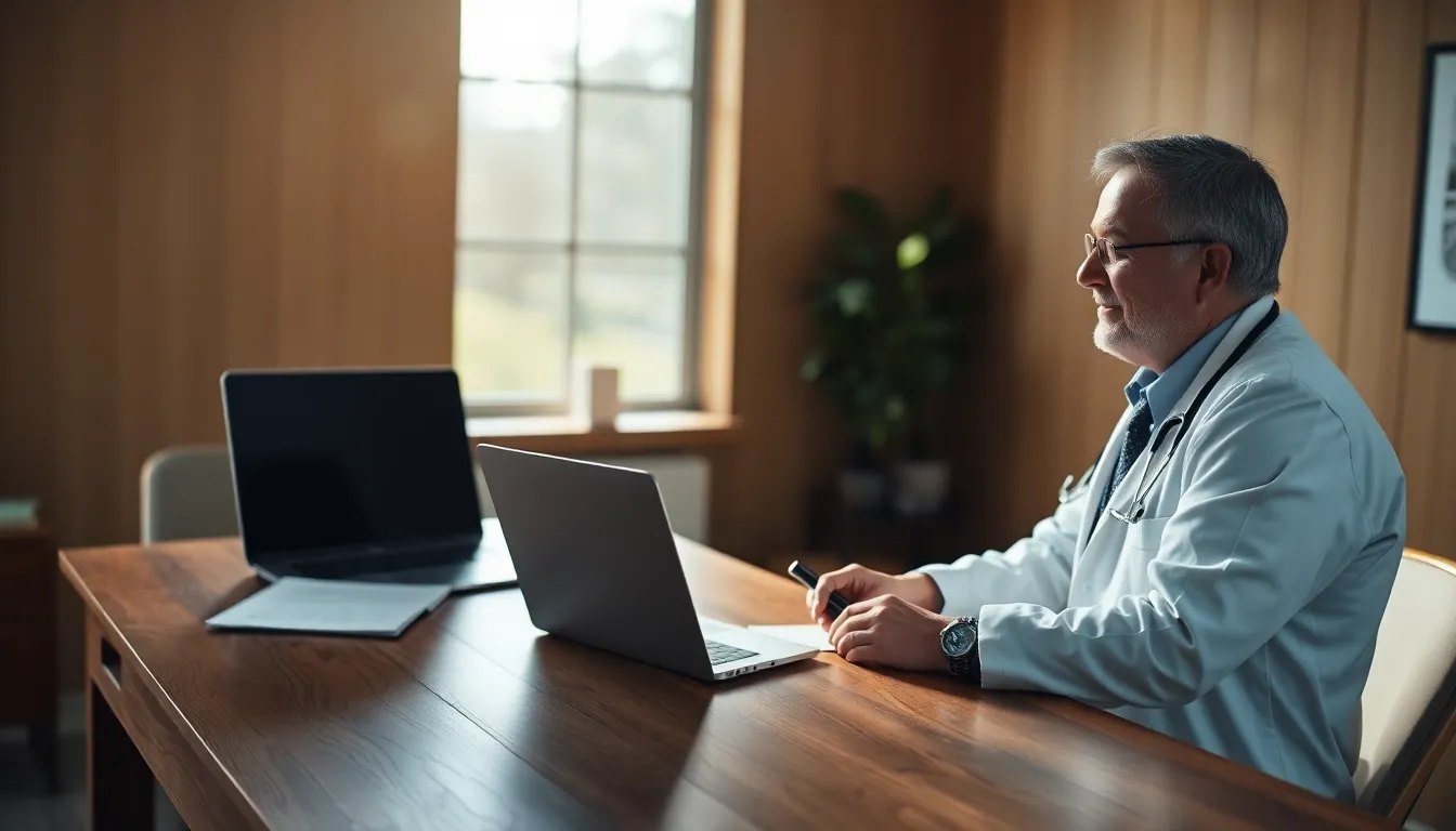 A doctor is engaged in a telemedicine consultation with a patient, sitting at a wooden desk adorned with medical charts and a laptop. The warm natural light creates an inviting atmosphere, while the composition places the doctor at the center, focusing on their attentive expression. The warm skin tones and textured wooden surface add depth, enhancing the genuine feeling of a healthcare setting.