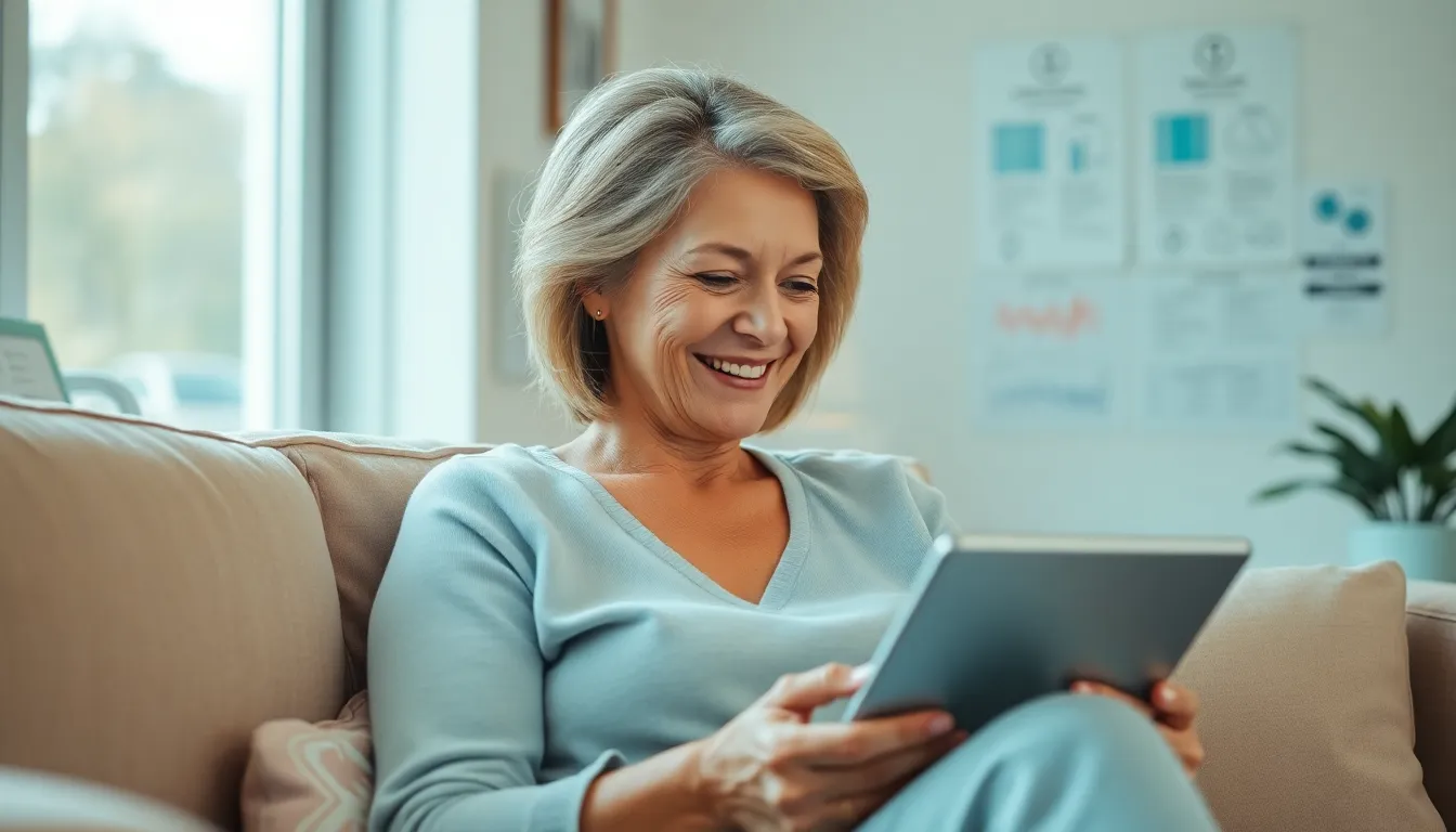 A middle-aged woman engages in a telemedicine consultation, beaming with positivity as she interacts with her tablet. Soft ambient light streams in through a bright clinic window, creating a welcoming atmosphere. The pastel color palette enhances the sense of calm, and the shallow depth of field beautifully isolates the subject from the clinical background. Plush textures of the sofa add comfort to the setting, embodying the essence of modern healthcare.