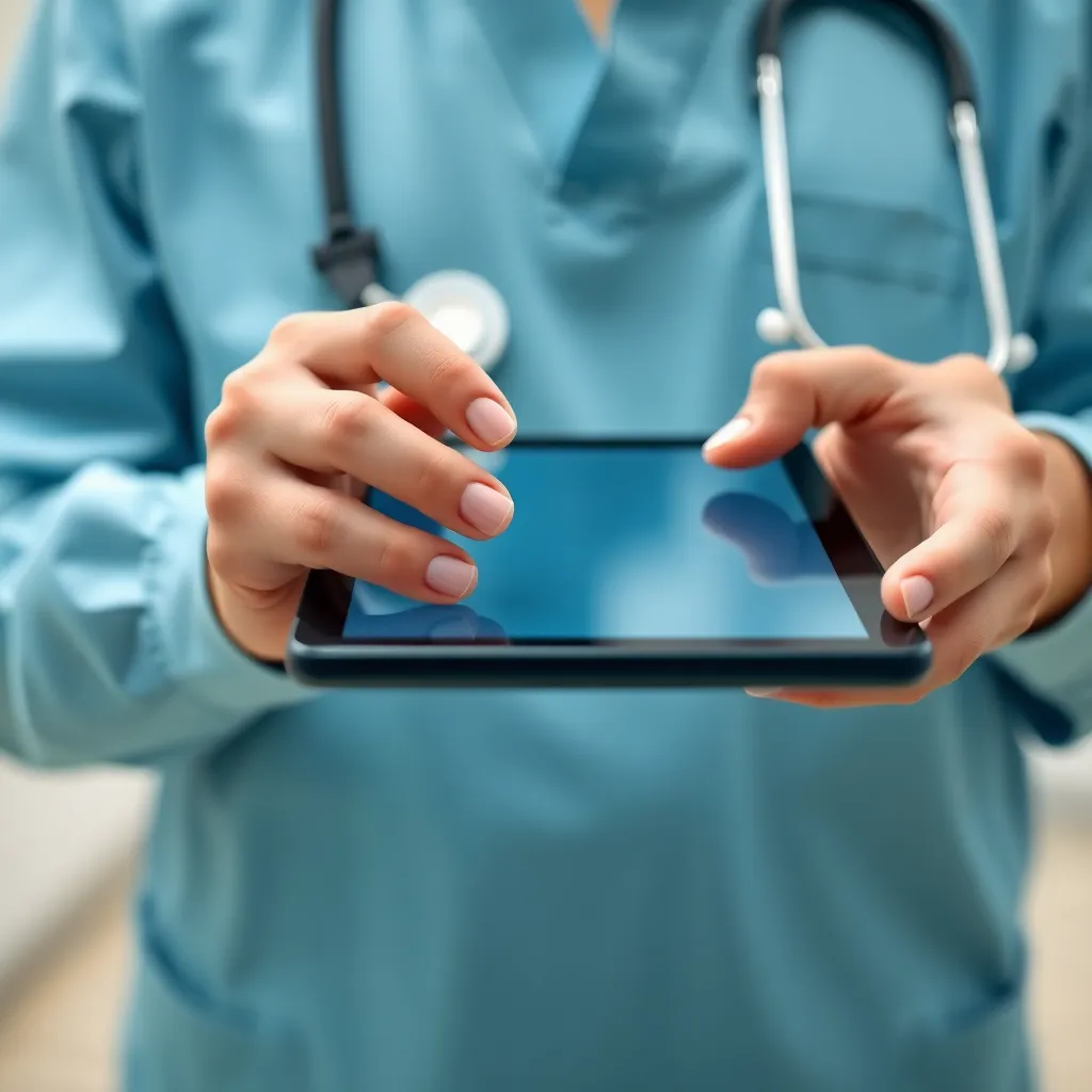 A close-up detail of a healthcare app interface displayed on a smartphone, encapsulating the essence of telemedicine. Warm tungsten lighting creates an inviting atmosphere, while the soft focus on the screen highlights app functionality. The composition centers on the smartphone, emphasizing the technology's role in modern healthcare. This image showcases the intersection of innovation and accessibility in telehealth, making it a relevant representation for the industry.