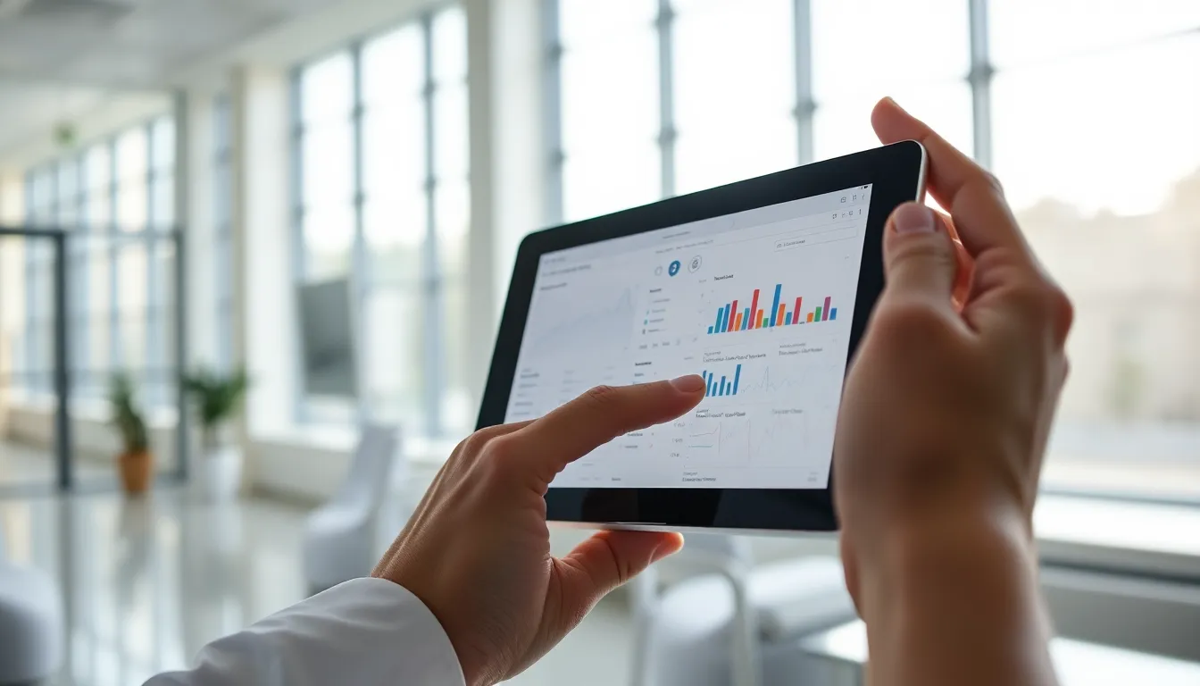 A close-up of a doctor's hand holding a digital tablet filled with medical charts in a bright, modern clinical environment. The diffused daylight illuminates the scene, creating a professional feel. The focus on the tablet against a softly blurred background captures the essence of contemporary healthcare practices and technology's role in medicine.