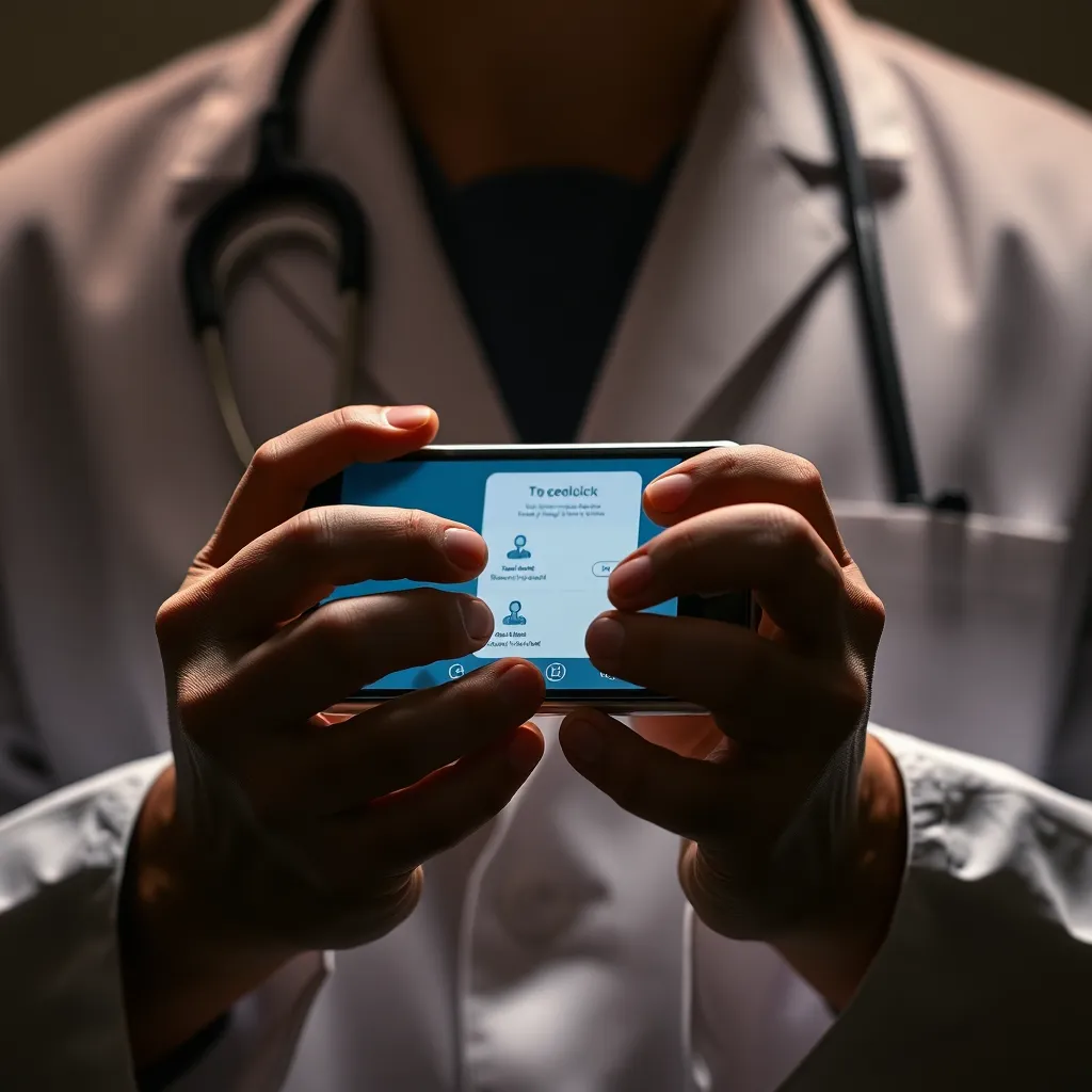 This close-up image highlights a doctor’s hands as they hold a smartphone displaying a telemedicine application. The dramatic lighting creates an engaging contrast, emphasizing the details of the hands and the technology involved in healthcare. The muted color tones and centered composition convey a strong connection between the medical profession and advanced digital solutions.