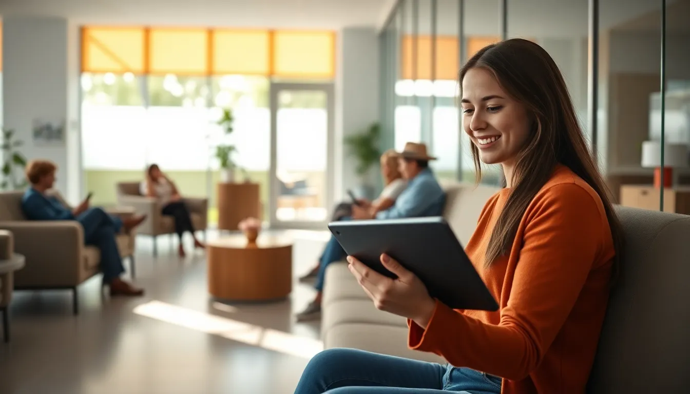 This vibrant image portrays a modern clinic waiting area where patients engage in virtual consultations using tablets. Sunlight floods the space through glass walls, creating a bright and cheerful environment. The focus on a young woman smiling at her device captures the essence of comfort and connectivity in healthcare. This image embodies the future of patient interactions in a technology-driven healthcare landscape.