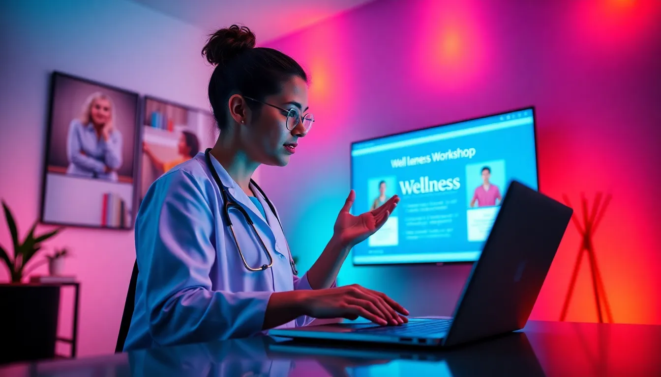 A healthcare professional leads a virtual wellness workshop from a vibrant, creatively lit room. The ambient LED lights create an energetic atmosphere as they engage with their audience through a laptop. With expressive gestures and a colorful backdrop, the image captures the innovative spirit of modern healthcare delivery and the dynamic interaction that telemedicine facilitates.