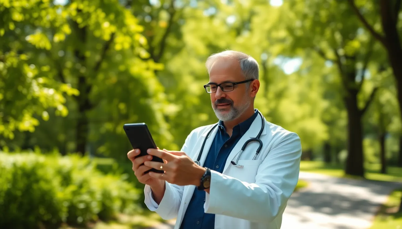 In a bright and inviting park, a physician is seen conducting a telemedicine session on a smartphone, embodying the essence of modern healthcare. The dappled sunlight creates a dynamic play of light and shadows, adding depth to the scene. The vibrant green foliage enhances the outdoor atmosphere, suggesting a flexible approach to patient care. The composition is engaging, leading the eye toward the doctor while highlighting the integration of technology in a natural setting.