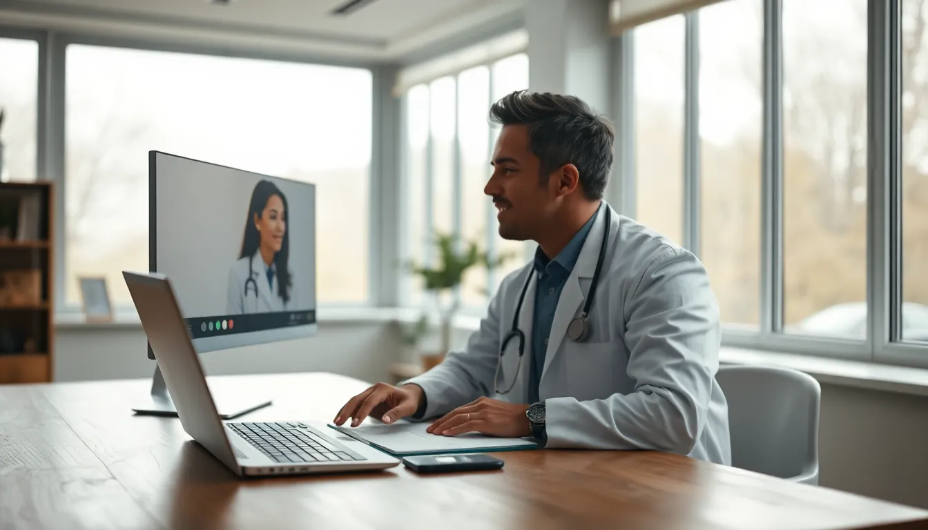 A heartwarming moment between a child and an adult as they explore a tablet during a telemedicine session. The soft natural light creates an intimate and inviting atmosphere, while the child’s expression of curiosity captures the viewer's attention. The warm tones reminiscent of Kodak Portra 400 enhance the overall feel, making this image a touching representation of modern healthcare.