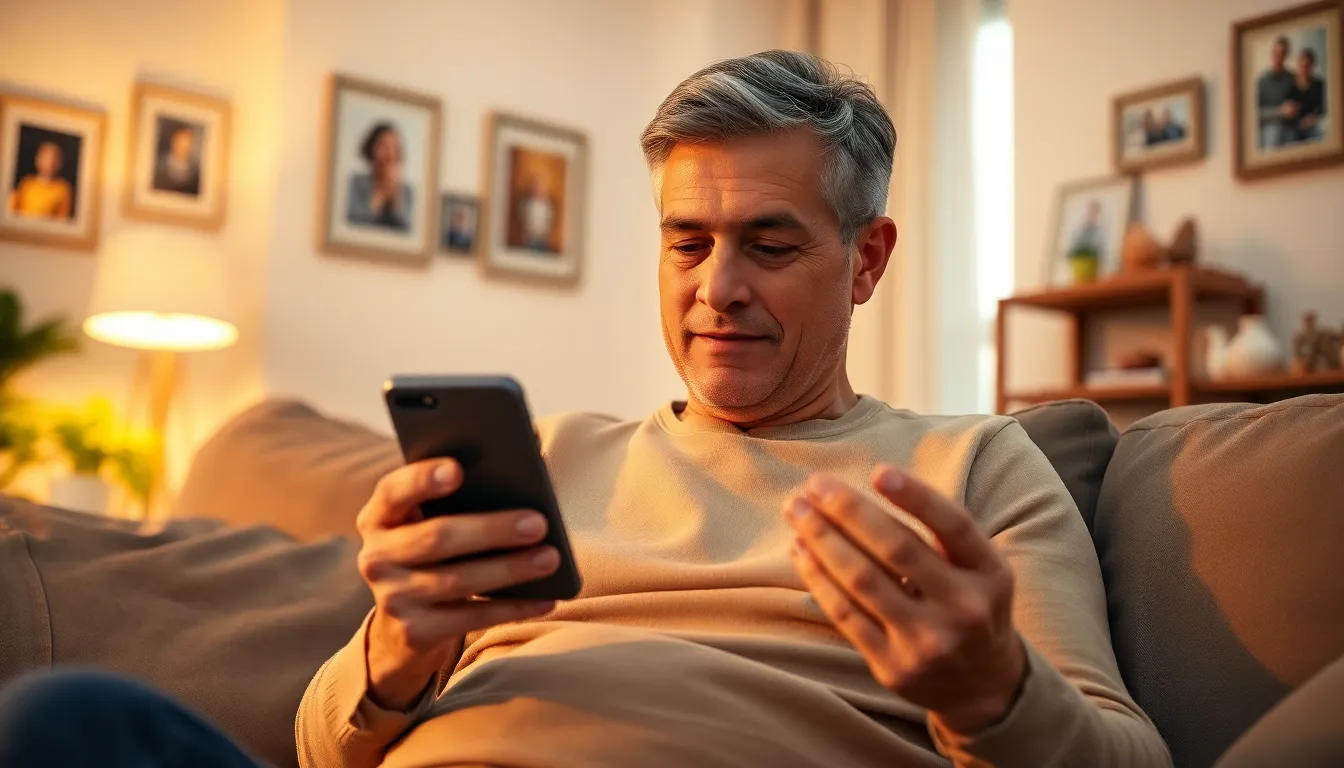 In this inviting scene, a patient sits in a cozy living room, engaging in a telehealth session with the help of a smartphone. The warm golden hour light fills the room, enhancing feelings of comfort and safety during the consultation. The patient’s focused expression conveys the importance of receiving healthcare advice virtually. Personal touches in the background, such as family photos, create a relatable and warm environment.