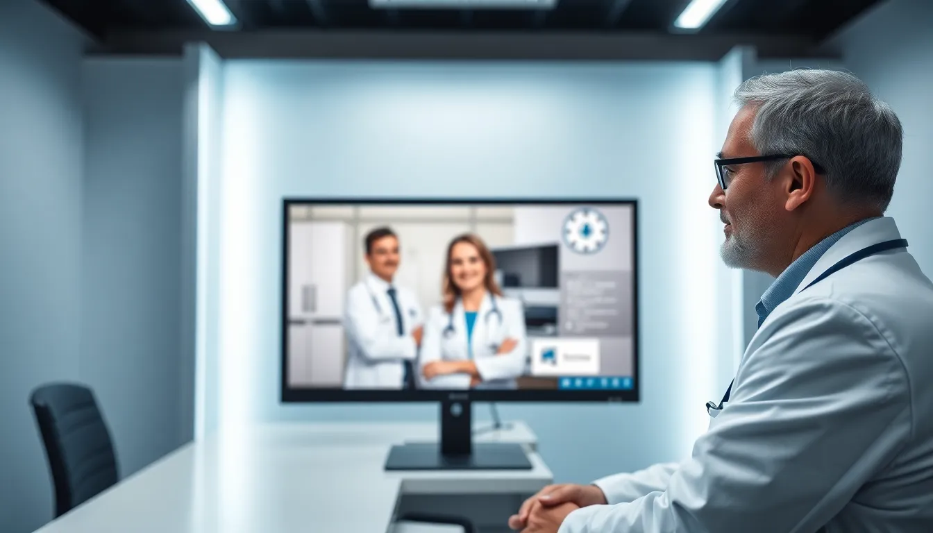 A doctor in a white lab coat engages with a patient through a high-definition monitor in a modern examination room. The bright overhead lighting provides a clean and professional ambiance. The image captures the essence of telemedicine, highlighting the integration of technology in patient care with a focus on the doctor's expression and engagement.