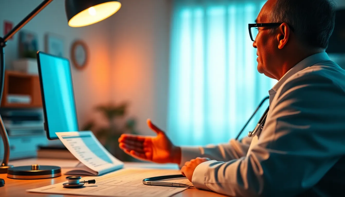 Nurse Explaining Medication Through Video Call This image showcases a nurse communicating vital information via a video call, highlighting the role of telemedicine in patient care. The warm lighting creates an inviting atmosphere, while selective focus draws attention to the nurse's glasses. The scene is enriched with medical paraphernalia, establishing a clear connection between healthcare and technology.