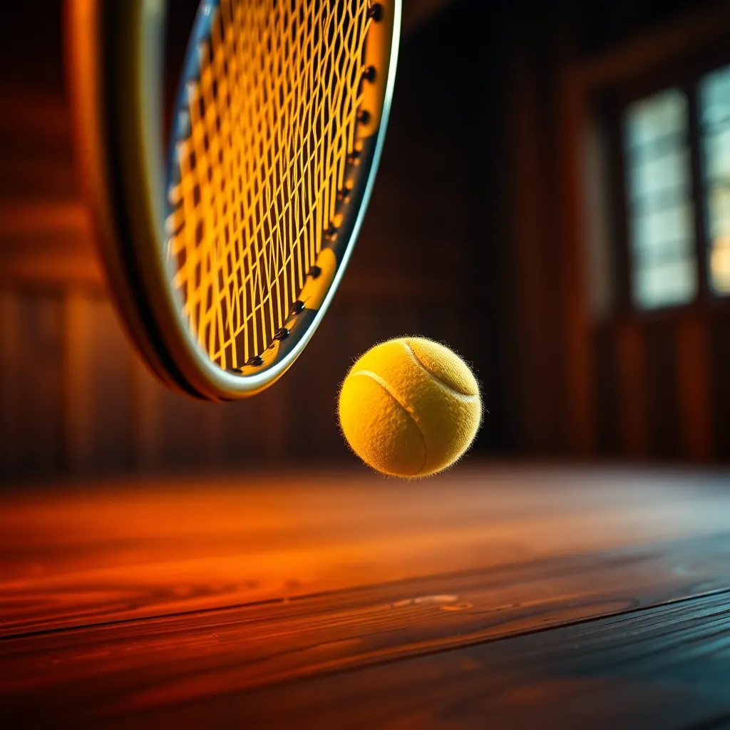 This high-impact close-up features a tennis racket striking a ball, capturing the thrill and precision of the sport. The dramatic warm lighting accentuates the details of the racket’s strings and the textured surface of the ball, creating a visually striking image. The blurred background emphasizes the action, enhancing the sense of motion and energy. Ideal for sports enthusiasts, this image conveys the excitement and intensity of a tennis match.