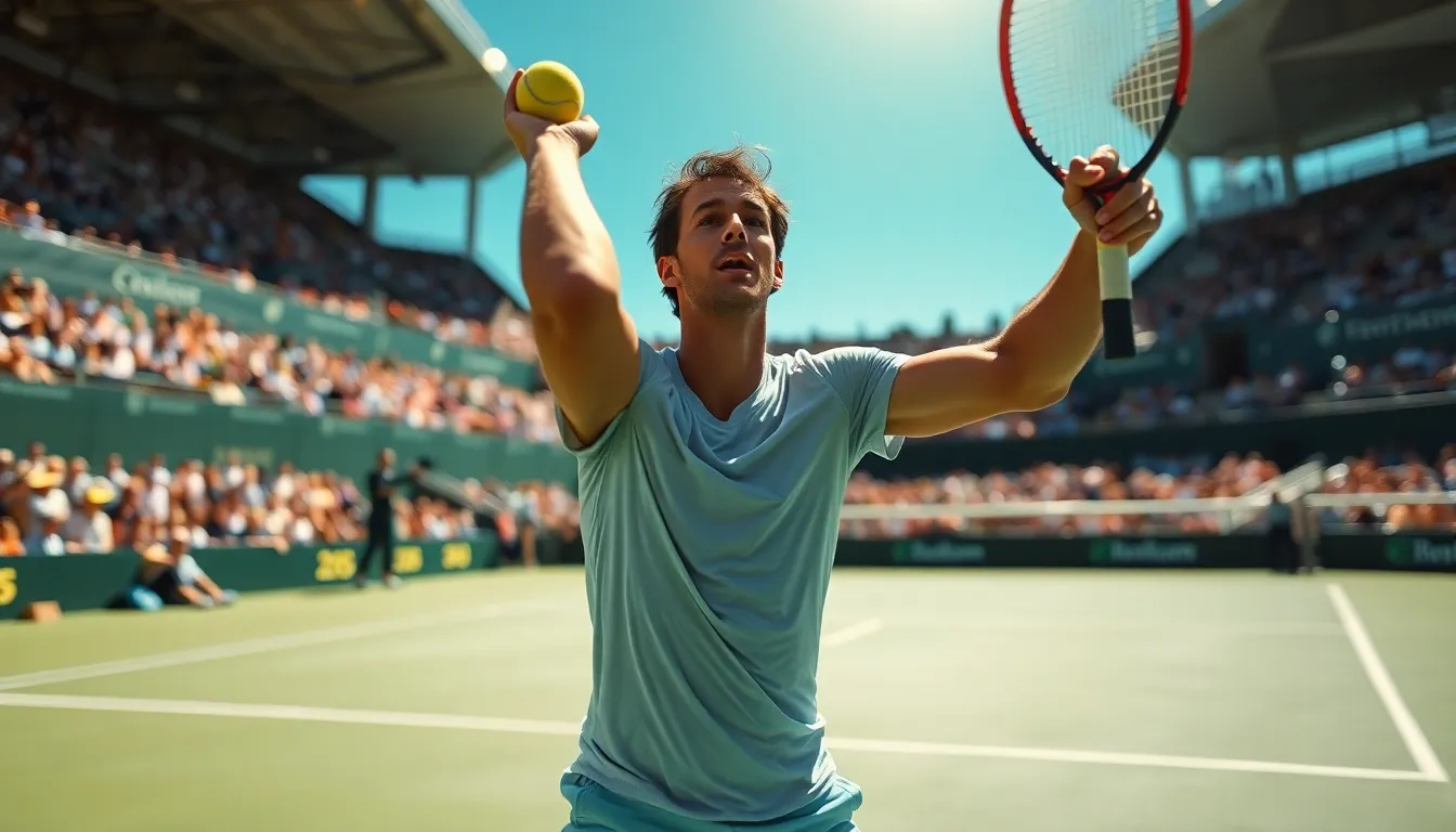 A male tennis player is captured mid-serve on a sunlit court, showcasing his athleticism and focus. The image highlights the vivid colors of the tennis court and the bright blue sky above. Sharp contrasts in lighting create a dynamic feel, while the shallow depth brings attention to his powerful stance. Sweat glistens on his skin, adding a sense of realism and intensity to the scene.