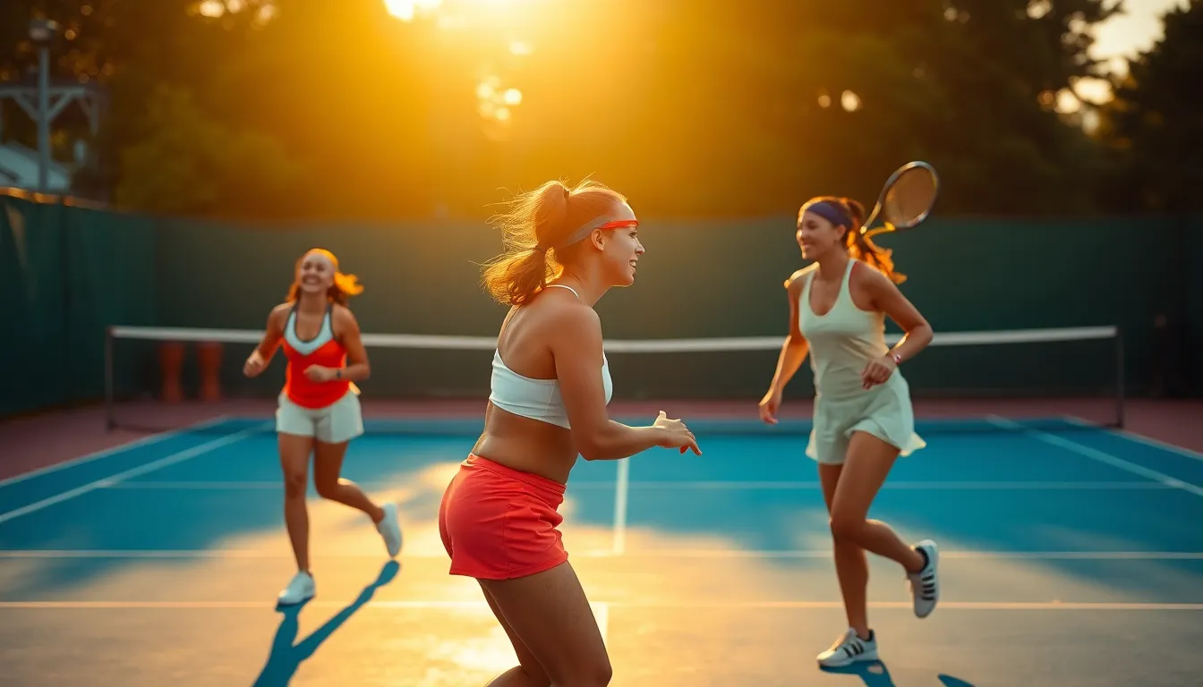 This vibrant scene captures a thrilling doubles tennis match during golden hour, as warm sunlight bathes the court. Players are dynamically positioned in action, showcasing intensity and teamwork. The rich colors bring a lively atmosphere, enhanced by reflections on the court surface. With all players in sharp focus, the image conveys a sense of excitement and competitive spirit.