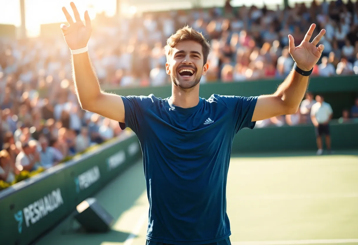 This dynamic image features a male tennis player celebrating a hard-fought victory, arms raised in joy. The bright natural lighting highlights his jubilant expression and athletic physique, creating an uplifting mood. The blurred audience in the background adds depth, emphasizing his accomplishment and the atmosphere of the event. The vibrant colors enhance the emotional impact, making this image perfect for sports marketing and inspirational content.