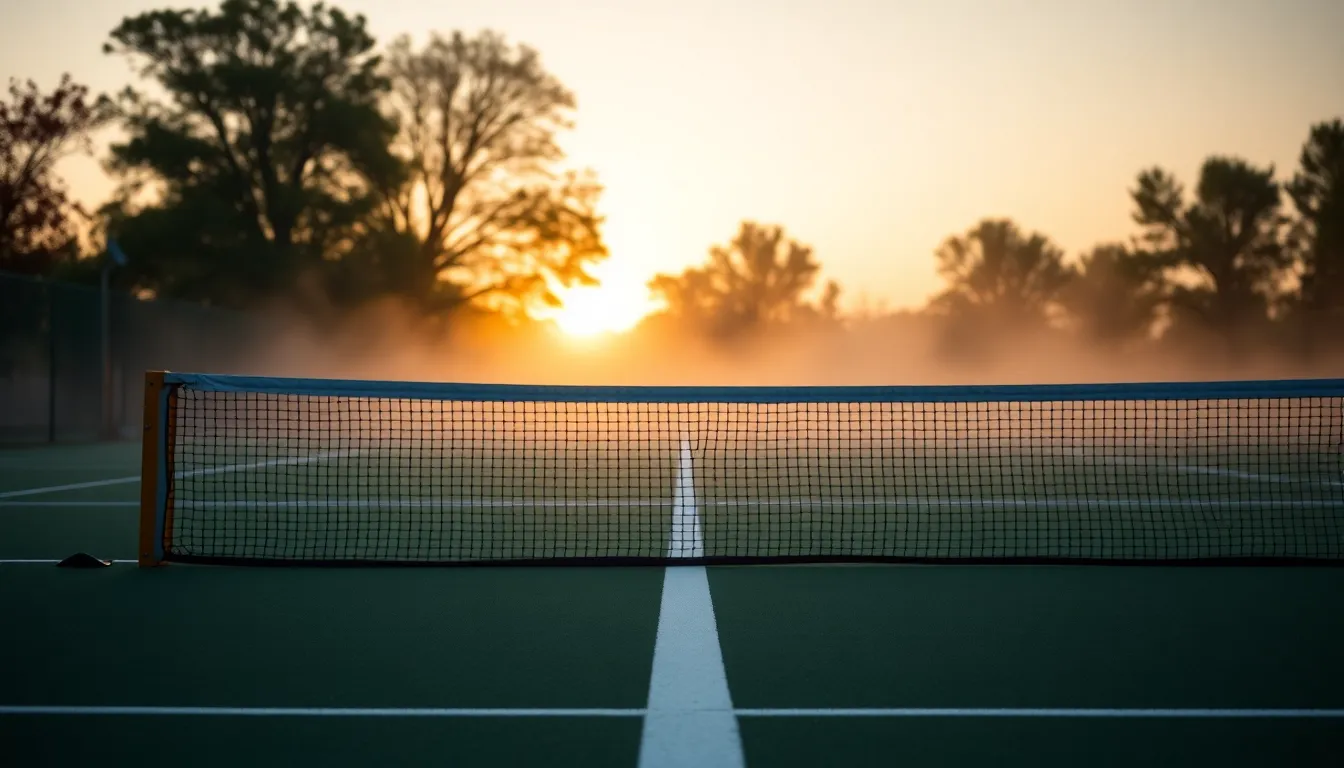 This peaceful image captures a tennis court at sunrise, enveloped in soft fog and warm light. The golden hour creates an ethereal atmosphere, with vibrant pastel colors enhancing the tranquility of the scene. The leading lines of the court draw the eye towards the horizon, inviting viewers into this calming moment. Ideal for promoting wellness and leisure, this image embodies the beauty of early mornings in sports.