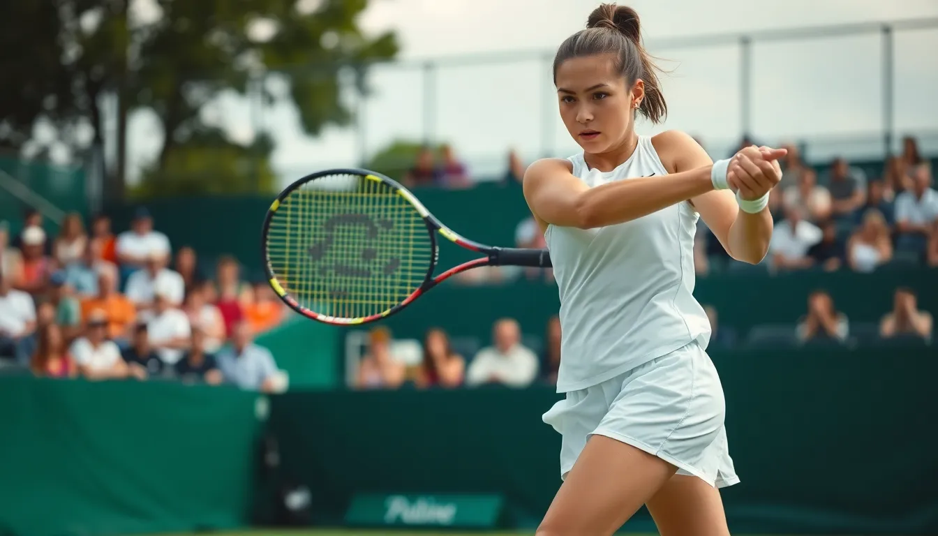 This striking image showcases a young female tennis player captured mid-swing during an intense match. The bright colors of the court and her vibrant attire create a fresh and energetic mood. The blurred crowd in the background adds to the sense of movement, highlighting her focus and determination. The use of soft daylight enhances details in her outfit and the textured court surface, making this image ideal for sports-related content.
