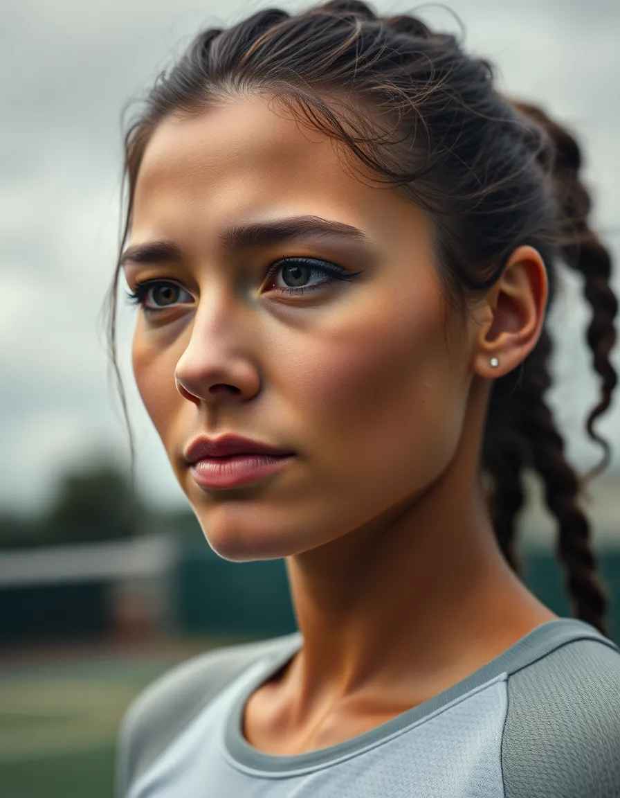 This portrait captures a female tennis player lost in thought, her expression revealing the weight of competition. Soft overcast light accentuates her features, while the blurred background hints at the tennis court setting. The muted color palette enhances the mood of contemplation, making it a striking emotional piece. Details in her sportswear fabric add texture and realism to the image.