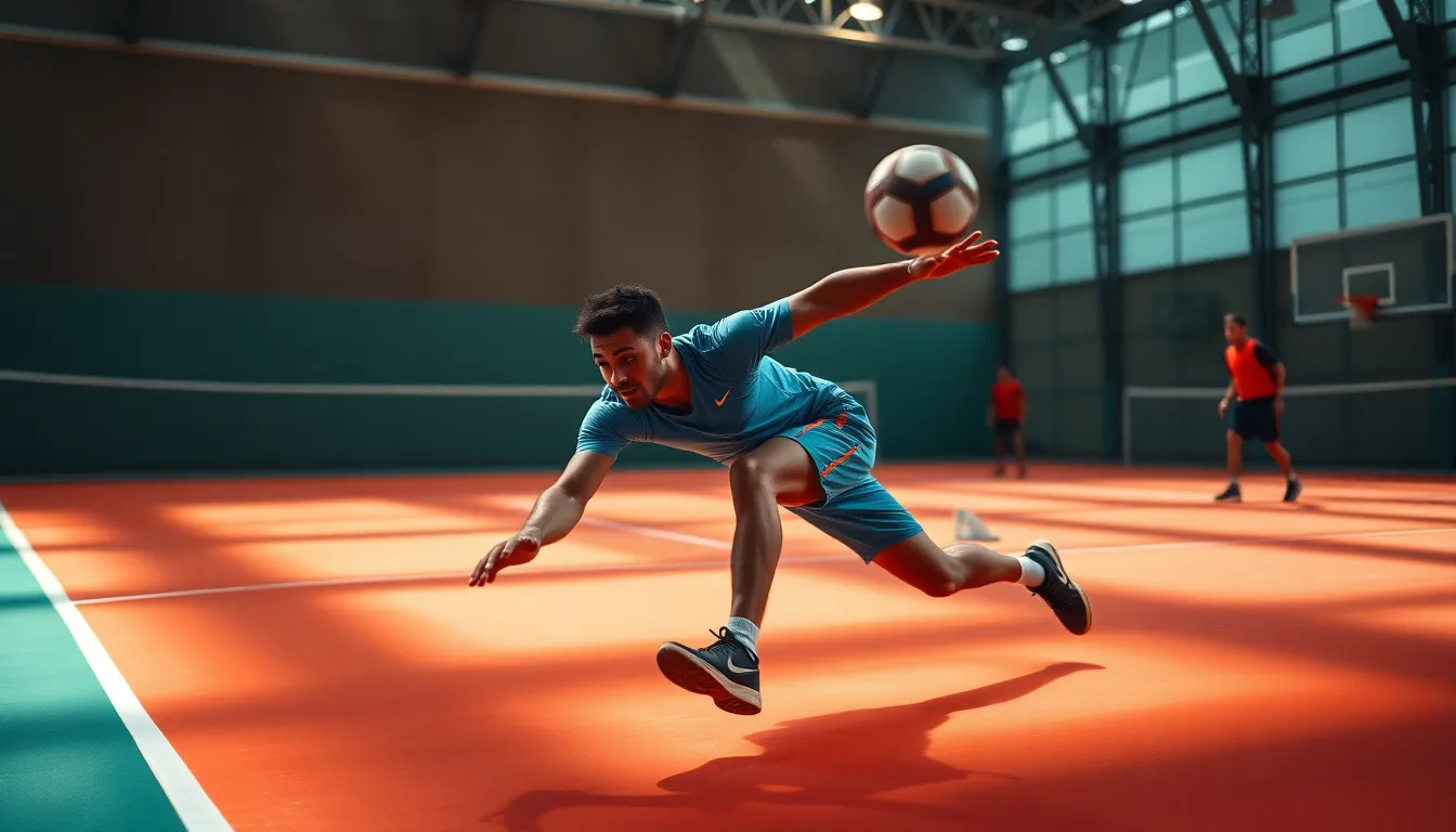 This striking image captures a male tennis player lunging for a ball amidst an intense match. The dynamic lighting creates shadows that add depth, while the shallow focus on the player emphasizes his athleticism. Cinematic color grading enhances the mood, drawing attention to the contrast between the vibrant court and his outfit. This portrayal of action conveys the excitement and energy of competitive tennis.