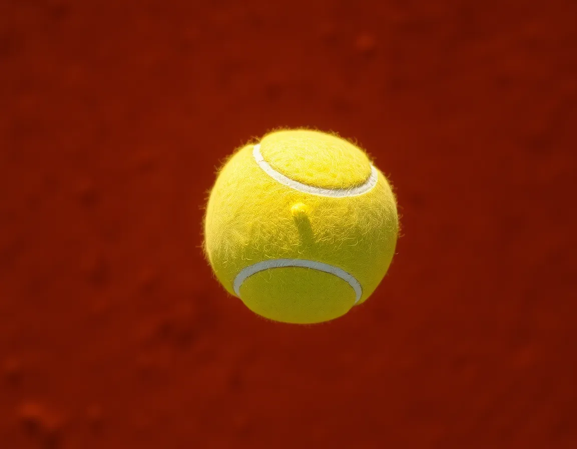 This captivating overhead shot captures a tennis ball bouncing on a clay court, showcasing the vibrant colors and textures of the scene. The warm sunlight highlights the ball's surface and the distinctive texture of the clay, creating a rich visual experience. The soft background adds depth, emphasizing the energy of the ball's motion. Perfect for sports imagery, this photograph encapsulates the essence of tennis gameplay.