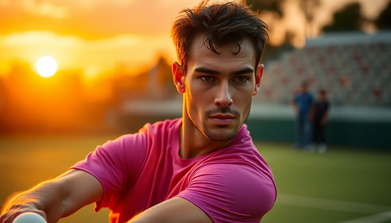 This image captures a professional male tennis player in the midst of a powerful serve, set against a breathtaking sunset backdrop. The warm golden and purple hues of the sky contrast beautifully with the vibrant green of the tennis court. The shallow depth of field emphasizes the player's intense focus and athletic physique, drawing the viewer's eye to the action. This dynamic moment encapsulates the energy of competitive tennis, making it a perfect representation of the sport.