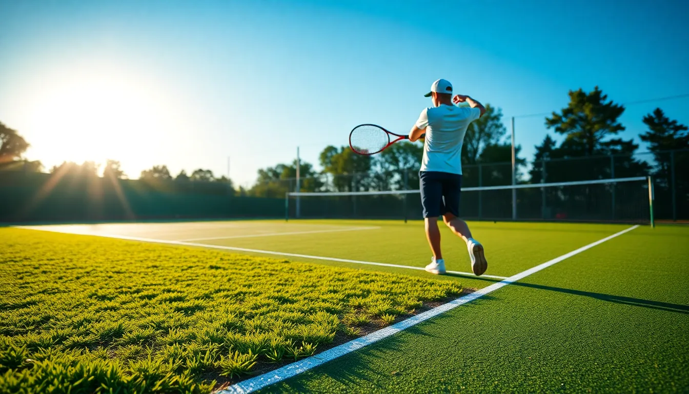 Dynamic Tennis Player in Action A dynamic tennis player captured mid-swing against a vivid backdrop of a bright blue sky. The low afternoon sun casts long, dramatic shadows on the textured court, and the shallow depth of field beautifully blurs the background, drawing focus to the athlete. Rich greens of the grass and sharp whites of the court lines create a vibrant contrast, enhancing the energetic mood of the scene.
