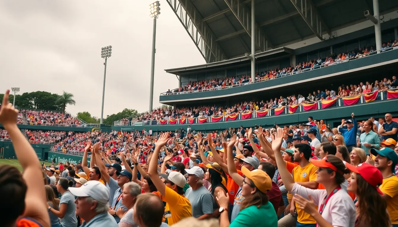 This vibrant photograph captures the excitement of spectators at a bustling tennis tournament. Fans clad in colorful outfits cheer enthusiastically, enhancing the lively atmosphere. With overcast lighting, the scene is well-lit, showcasing the details of the crowd and their banners. The composition invites the viewer into the event, revealing the joys of tennis culture and community.