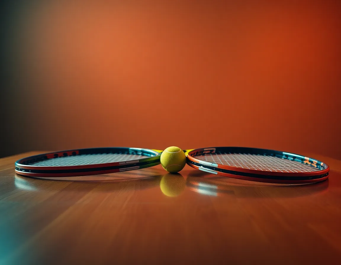 An artistic still life featuring a pair of tennis rackets and brightly colored tennis balls set on a polished wooden table. The dramatic lighting and careful composition highlight the textures of the rackets and the vibrant colors of the balls, creating a striking contrast. This image captures the essence of tennis culture while showcasing equipment used in the sport.