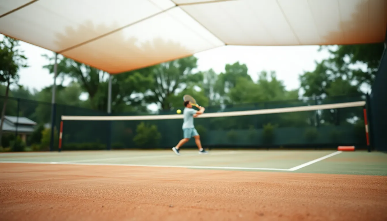 A dynamic shot of a focused tennis player capturing the peak of their swing during an afternoon match. The overcast light enhances the mood, casting soft shadows on the textured tennis court. Rich details of the player’s athletic clothing and the scuffed surface come alive against a desaturated backdrop. The composition draws the viewer into the energy of the game, highlighting the player’s determined expression.
