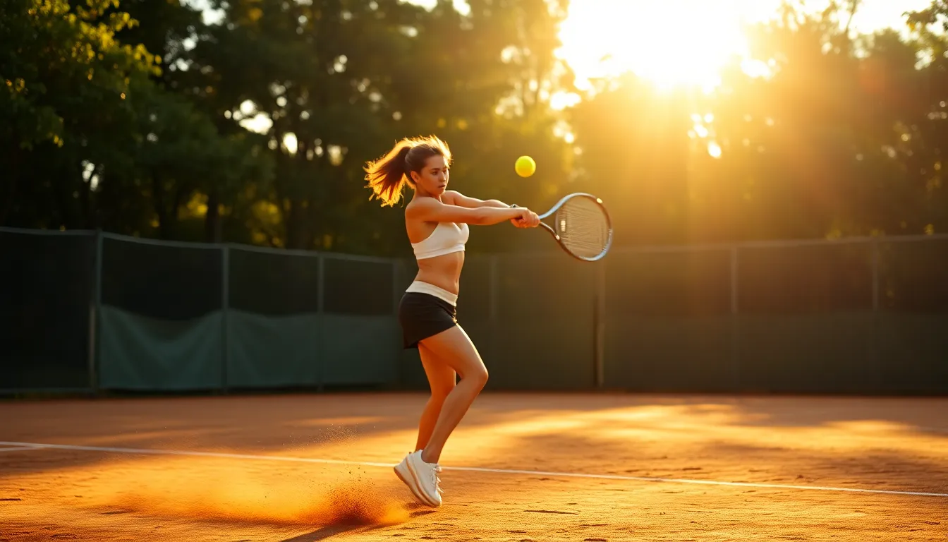 A dynamic image of a female tennis player captured in the middle of a powerful swing on a sunlit clay court. The warm glow of the setting sun adds an inviting ambiance, perfectly highlighting her athleticism and determination. Dappled light from surrounding trees enhances the scene, while the softly blurred background emphasizes her dynamic movement. This photograph encapsulates the energy and passion of tennis.