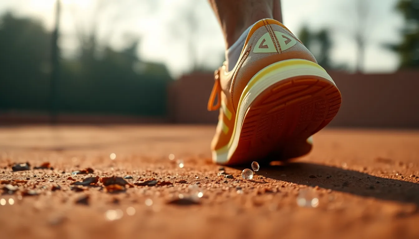 In this serene morning image, a close-up captures a tennis player's foot striking the ball on a dew-kissed clay court. Morning light glimmers off the dew droplets, adding a sense of freshness to the scene. The soft pastel color palette enhances the earthy tones of the court, contrasting with the vibrant color of the player's shoe. The low angle perspective emphasizes the dynamic action, while the intricate textures of the clay and the shoe material invite viewers into the moment.