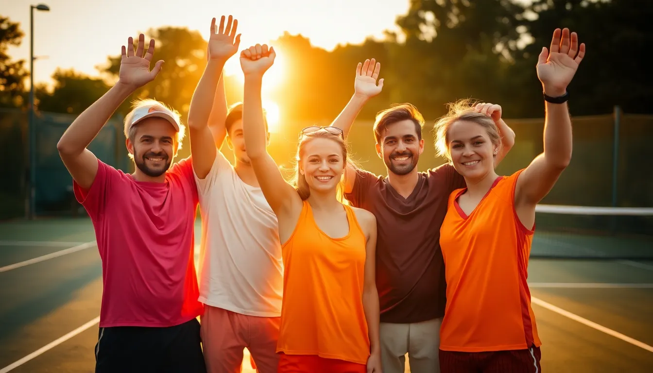 This joyful image captures a group of friends celebrating a fun day of tennis at sunset. The warm golden light envelops the scene, illuminating their cheerful expressions as they raise their arms in celebration. Using selective focus, the players come alive against a painterly bokeh backdrop, with vibrant clothing contributing to the happy atmosphere. The textured court shows signs of their playful action, enhancing the overall spirit.