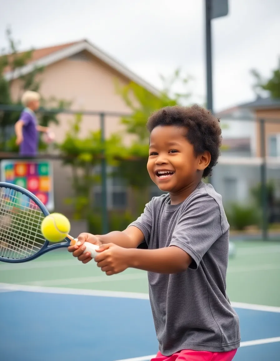 This heartwarming image captures a child joyfully playing tennis on a community court. Taken on an overcast day, the soft diffused lighting brings out the natural colors of the scene, enhancing the warm moods. The enthusiastic expression of the child swinging at the ball is sharply in focus, while the lively background of neighborhood posters and greenery is beautifully blurred. This delightful moment embodies the spirit of community engagement in sports, making it a perfect representation of childhood joy.