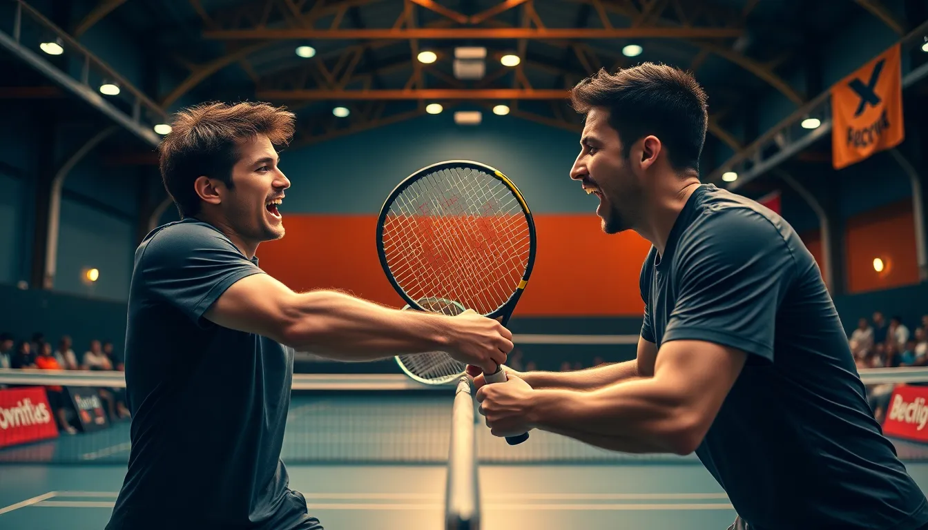 This image captures the fierce energy of a doubles tennis match played indoors, showcasing two male players in an intense rally. The bright warehouse lighting accentuates their focused expressions and athletic movements. The shallow depth of field pulls the spectator’s focus onto the high action, while the cinematic color grading heightens the dramatic essence of the moment. A thrilling snapshot of competitive sports.