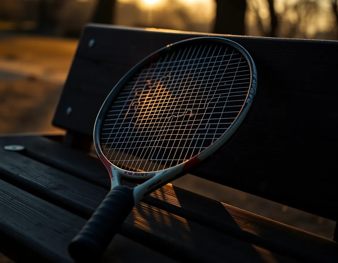 This artistic still life captures a well-worn tennis racket resting on a textured wooden bench. The warm evening light casts soft shadows, enhancing the details of the racket's strings and grip. With a shallow depth of field, the background blurs elegantly, keeping the focus on the racket and its surroundings. This photograph evokes a sense of nostalgia and appreciation for the sport.