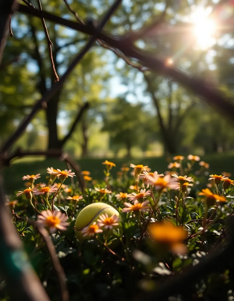 A whimsical scene captures a tennis ball tucked away among vibrant green foliage, dappled sunlight streaming through the treetops. The play of light creates a magical bokeh effect surrounding the ball, while the natural textures of the leaves add depth to the composition. This image evokes a sense of adventure and playful exploration, inviting the viewer to discover tennis's connection to nature.