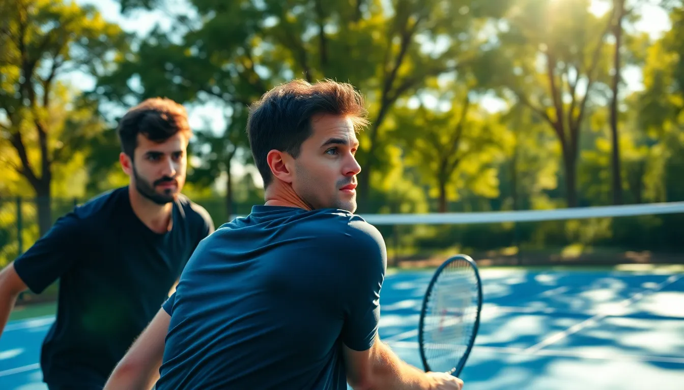 Exciting Doubles Tennis Match in Action An exhilarating moment captured during a doubles tennis match, showcasing the players' intense concentration and dynamic movements. Bright daylight dappled through the surrounding trees creates a lively atmosphere, while a selective focus draws attention to the players amidst a soft bokeh background. The vibrant blues and greens reflect the spirit of the game, emphasizing the energy of this competitive environment.
