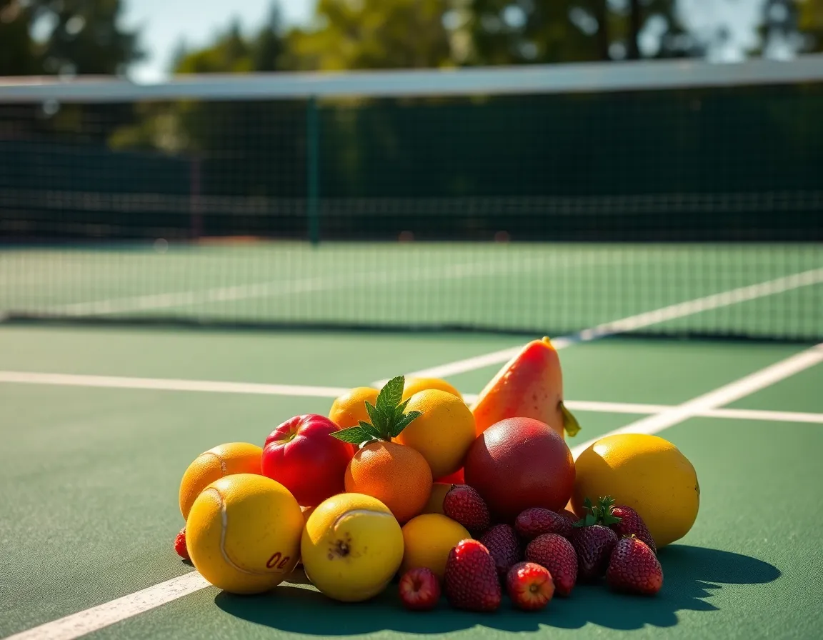 This vibrant image features a beautifully arranged selection of fruits on a tennis court, celebrating the spirit of the match. Bathed in warm sunlight, the fruits stand out against the green of the court, with the background net softly blurred. The sharp focus on the fruits, combined with the clever use of leading lines from the court's markings, creates an aesthetically pleasing and cheerful atmosphere.