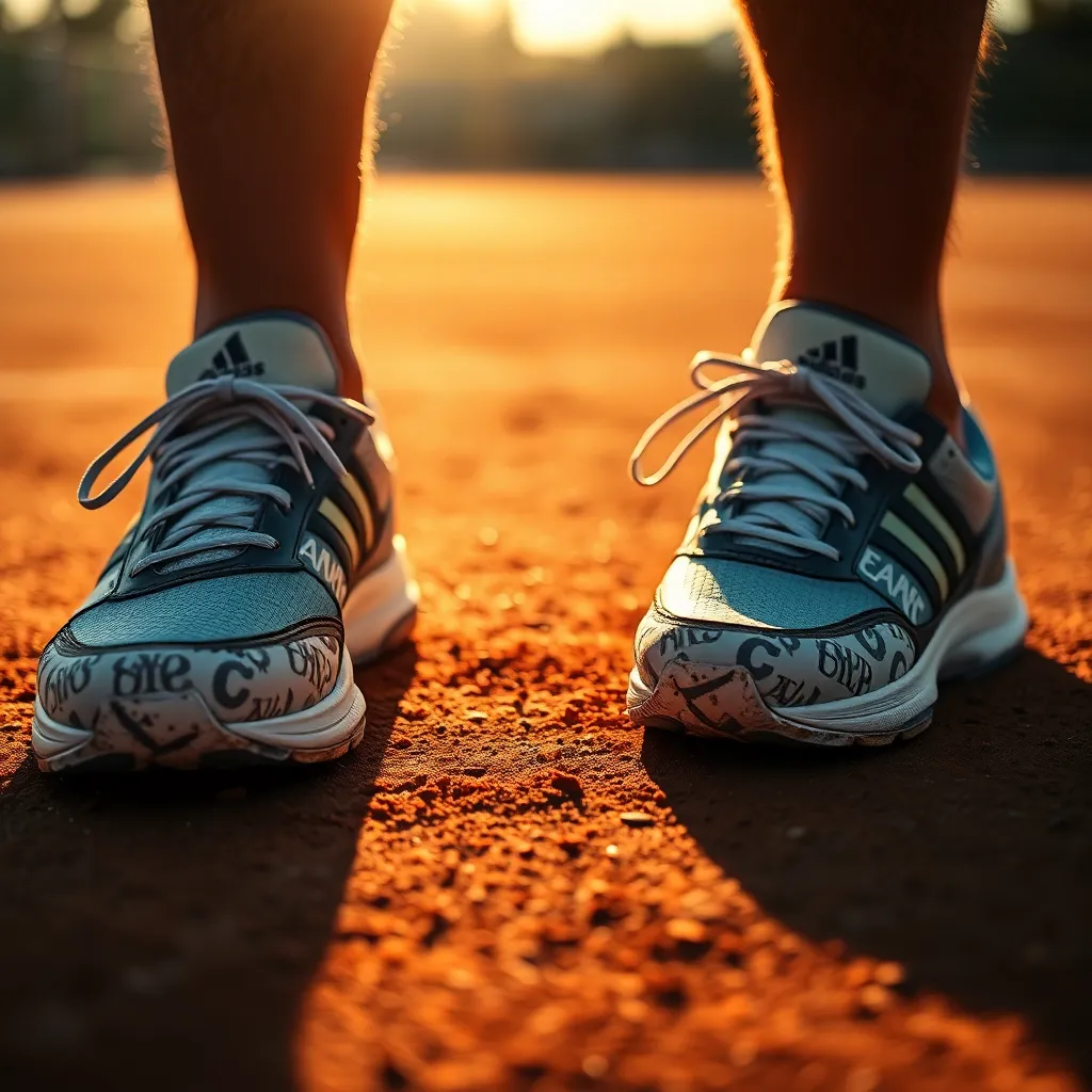 This macro shot reveals the intricate details of a pair of tennis shoes resting on a sunlit clay court. The textures of the shoes are highlighted, showcasing their design and wear from intense gameplay. The warm afternoon light casts gentle shadows, adding depth to the image while subtly blurring the court background. The combination of sharp focus on the footwear and a soft bokeh effect creates an engaging juxtaposition, inviting viewers to appreciate both form and function in sports gear.