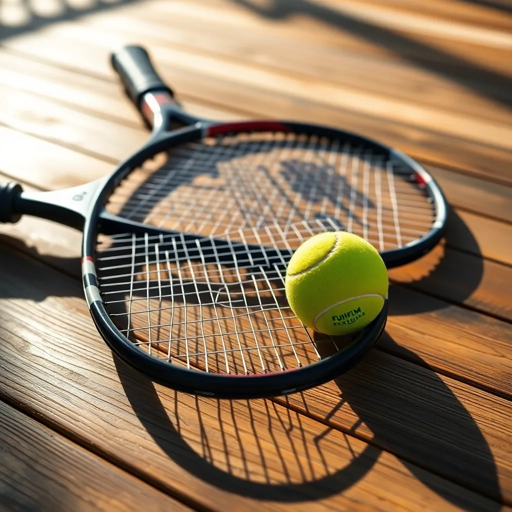 An intimate still life of tennis equipment elegantly arranged on a wooden court floor. Morning light enhances the textures of the wood and the intricate details of the racket and ball. This macro shot reveals the quality craftsmanship of the gear, highlighting the strings and grip textures. The warm colors of the wood combined with the vibrant hues of the ball create a visually appealing composition, perfect for showcasing the love of the game.