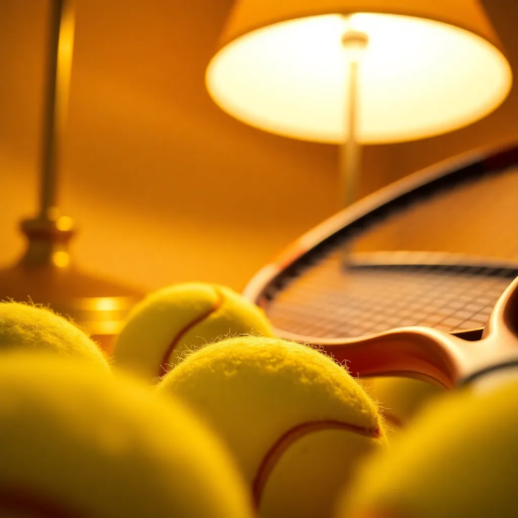An intimate close-up of tennis equipment featuring vibrant yellow tennis balls and a sleek racquet. The warm illumination from a tungsten lamp enhances the textures of the balls, showcasing their unique fuzz and surface details. Captured with a soft depth of field, the image exhibits a nostalgic quality, reminiscent of classic sports photography. This picture perfects the intricacies of the game.