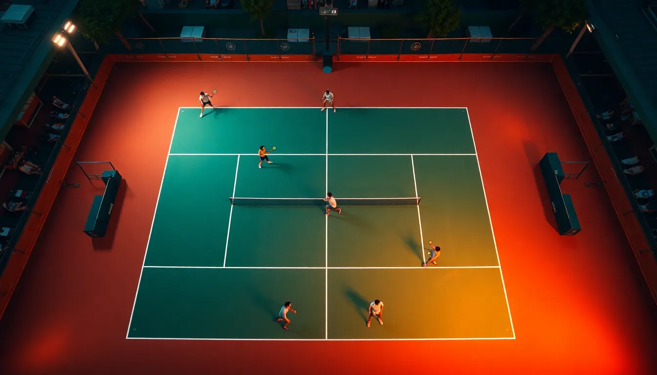 An electrifying overhead view of a tennis match in action, filled with dynamic movement and energy. The players are captured mid-game, showcasing their athleticism and determination. The warm tungsten lighting creates a unique cinematic quality, while the teal and orange tones enhance the excitement of the scene. This perspective allows viewers to appreciate the strategic layout of the court and the intensity of the competition.