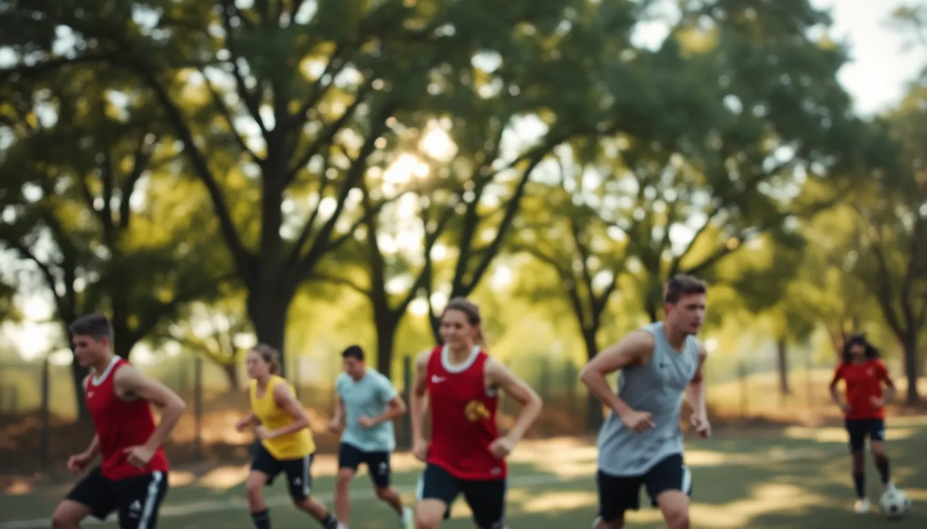 Dynamic action unfolds during an outdoor tennis practice session, illuminated by dappled sunlight filtering through a lush tree canopy. The angled composition adds energy, while the soft bokeh highlights create a dreamlike atmosphere around the dedicated players. Their athletic gear catches the light, emphasizing their movements and focus, embodying the spirit of practice and perseverance in the sport.