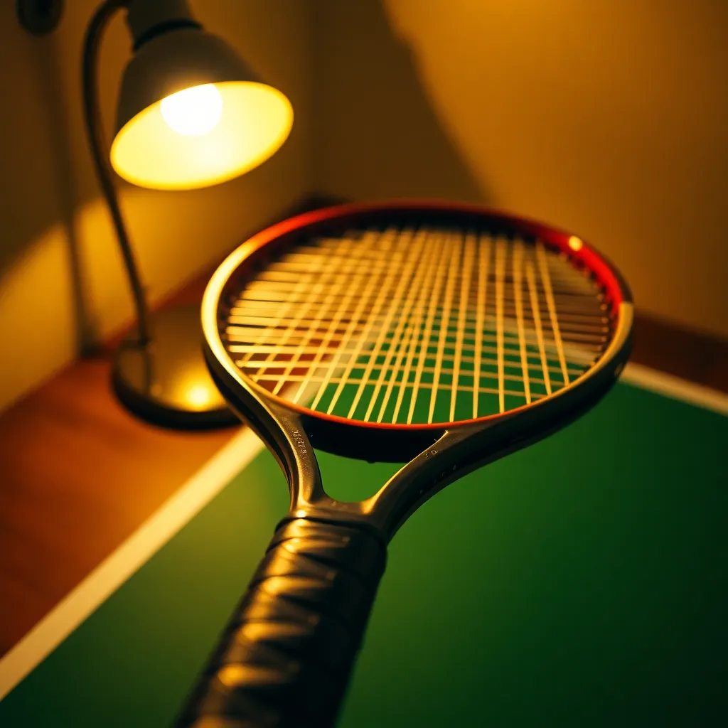 A close-up of a tennis racket showcasing the intricate details of its strings and grip. The warm lamp light directs attention to the textures and patterns, while the rich earthy colors enhance the overall aesthetic. This intimate viewpoint captures the essence of tennis equipment and its craftsmanship, inviting viewers to appreciate the sport on a deeper level.