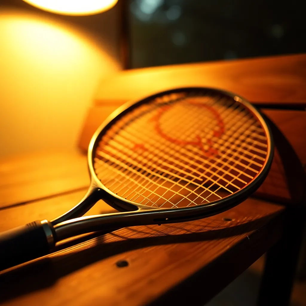 An intimate close-up of a tennis racket resting on a weathered wooden bench, bathed in warm, directional light from an overhead lamp. The intricate details of the racket's strings and grip are sharply defined, while the background melts into soft bokeh. The overall warm tones are enhanced by the Kodak Portra 400 color palette, creating a nostalgic ambiance. The textures of the bench and racket convey depth and tactile realism.
