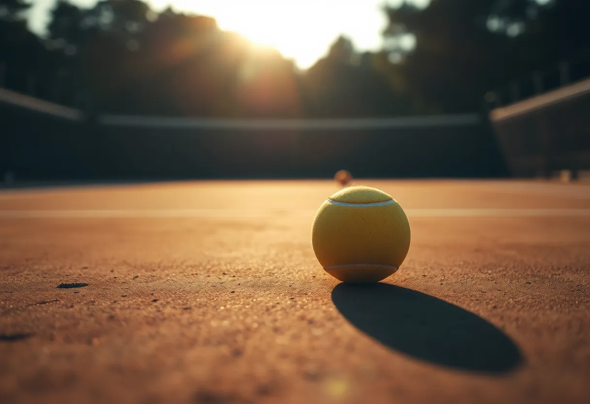 A solitary tennis ball rests on a well-worn court, illuminated by the warm glow of nearby firelight. The contrast between the smooth ball and the rough surface of the court evokes a sense of nostalgia for the game. The image utilizes leading lines of the court to draw viewers into the scene, capturing a quiet moment in tennis. The mix of textures adds richness to the photo.