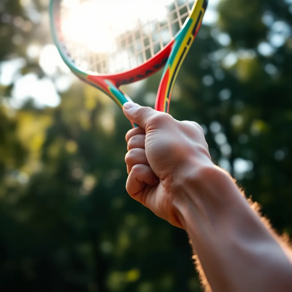 This close-up image showcases a player's hand gripping a tennis racket, highlighting the intricate details of the grip and racket frame. The natural light filtering through trees creates beautiful dappled shadows, enhancing the vibrant colors of the racket. The shallow depth of field draws focus to the player’s hand and the texture of the handle, conveying a sense of readiness and anticipation.