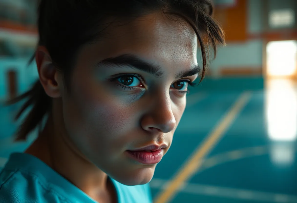 A focused tennis player stands poised at match point, captured with a dramatic overhead light that highlights their determination. The selective focus on their intense expression contrasts beautifully with the blurred background of the court, accentuated by cinematic teal and orange tones. The composition draws the viewer's eye directly to the player, reflecting the high stakes of the match.