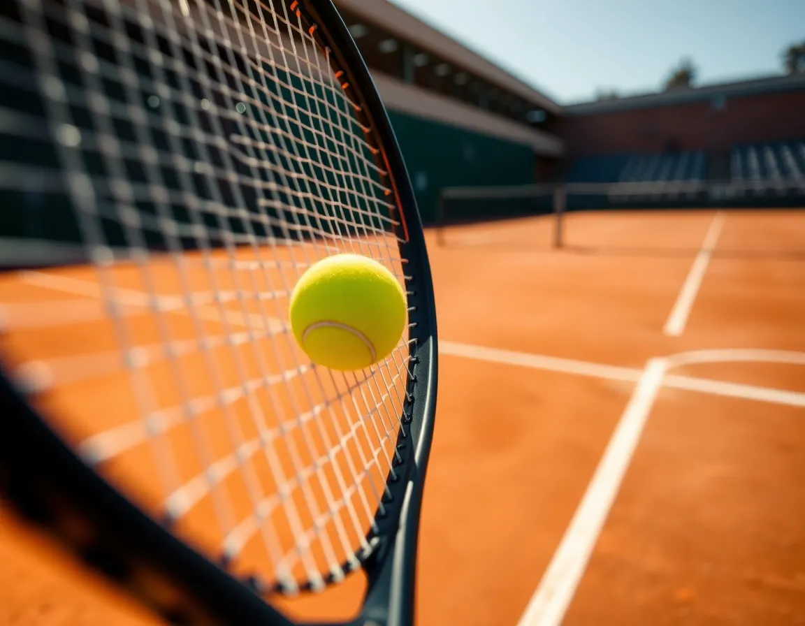 A thrilling close-up shot captures the precise moment a tennis racket strikes the ball, emphasizing the intense energy of the match. Bright sunlight illuminates the scene, highlighting the vibrant yellow of the tennis ball against the dusty clay surface. The sharp focus on the racket and ball creates a stunning sense of motion, while the earthy tones of the court add depth to the image. This photograph represents the excitement and skill inherent in tennis competition.